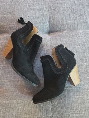 Qupid Black Suede Cutout Block Heel Booties with Tassel Zip